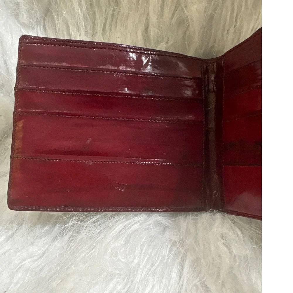Vintage Genuine Eel Skin Bifold Wallet Burgundy Red Exotic Leather Glossy Slim